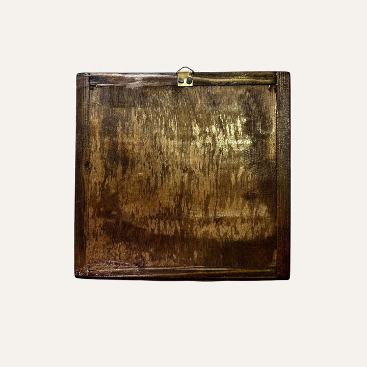Back view of wooden frame for cultural gifts with embroidery by Pal-Mosaic with hanging hook