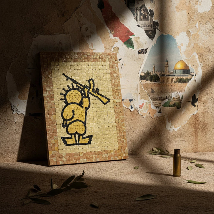 Handala mosaic art by Pal-Mosaic depicting a handala holding a rifle 