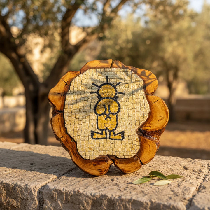 Pal-Mosaic Handala mosaic decor featuring black and beige tiles on natural wood slab background