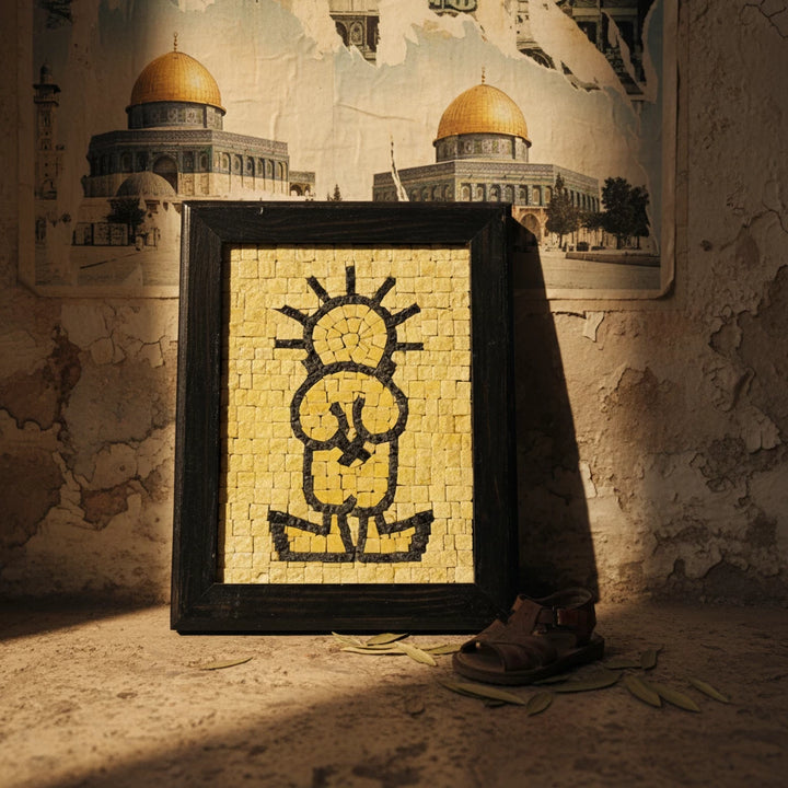 Framed artwork with a stylized face on a textured wall with architectural drawings.