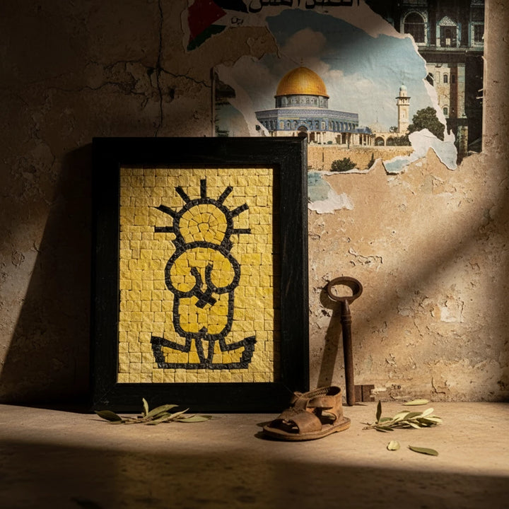 Handmade Palestinian Handala mosaic art with black and yellow tiles in a black wooden frame 