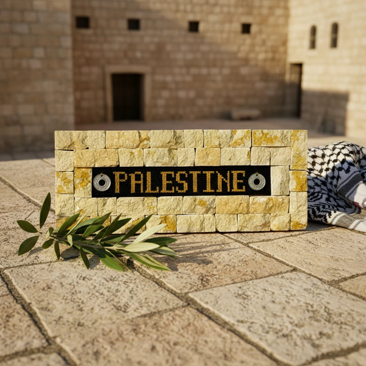 Pal-Mosaic Palestine embroidery framed by natural Jerusalem limestone decor mosaic stones