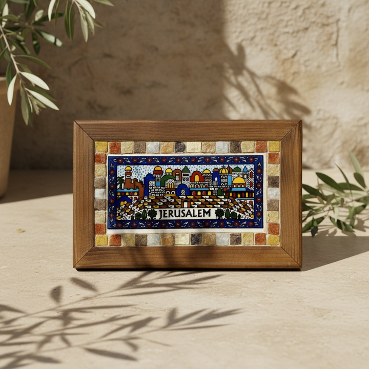 Pal-Mosaic mosaic and earthenware artwork depicting Jerusalem with traditional Palestinian artwork style in a wooden frame