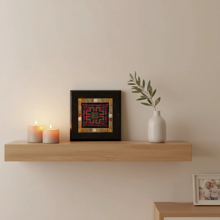  square artwork featuring Palestinian mosaic art with intricate embroidery and colorful tile border