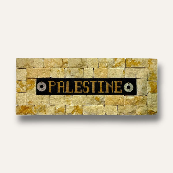 Pal-Mosaic Palestine embroidery framed by natural Jerusalem limestone decor mosaic stones