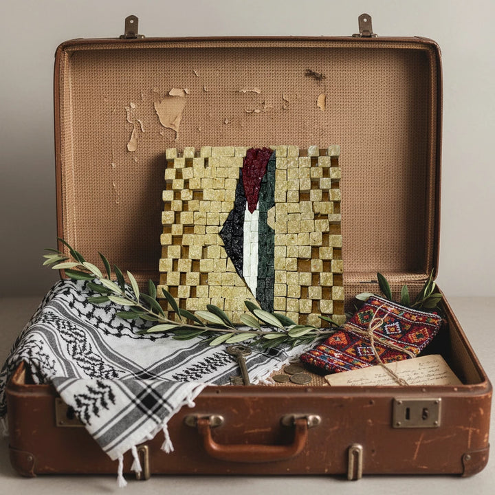 Pal-Mosaic Palestine flag mosaic art made from small textured tiles with raised beige border