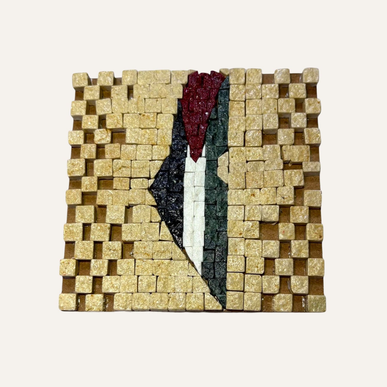 Pal-Mosaic Palestine flag mosaic art made from small textured tiles with raised beige border