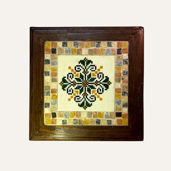 Palestinian flower embroidery art in mosaic frame by Pal-Mosaic with decorative wooden border