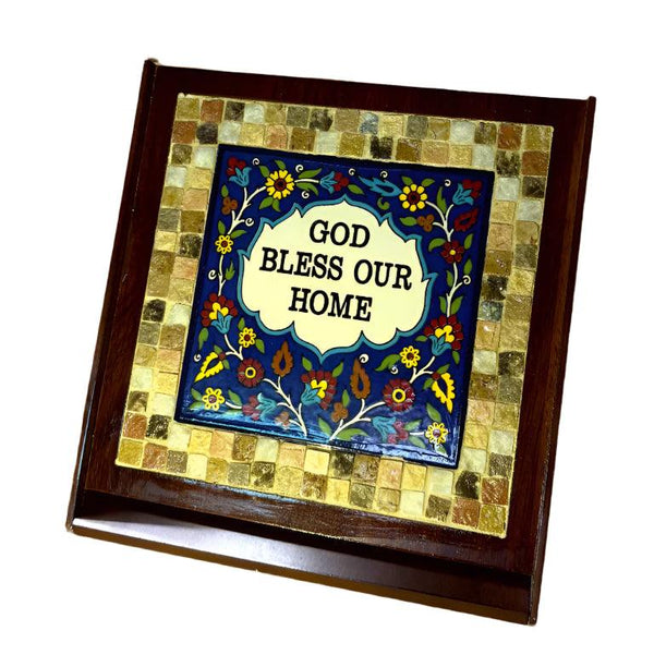 Pal-Mosaic decorative mosaic and earthenware plaque with floral design and God Bless Our Home text ceramic wooden gifts