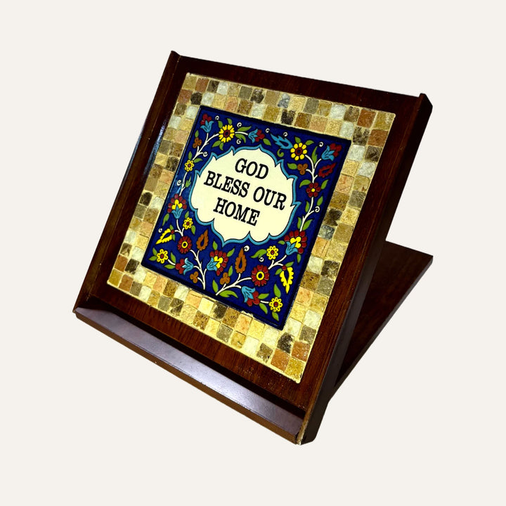 Pal-Mosaic ceramic wooden gifts featuring a mosaic earthenware plaque with God Bless Our Home message