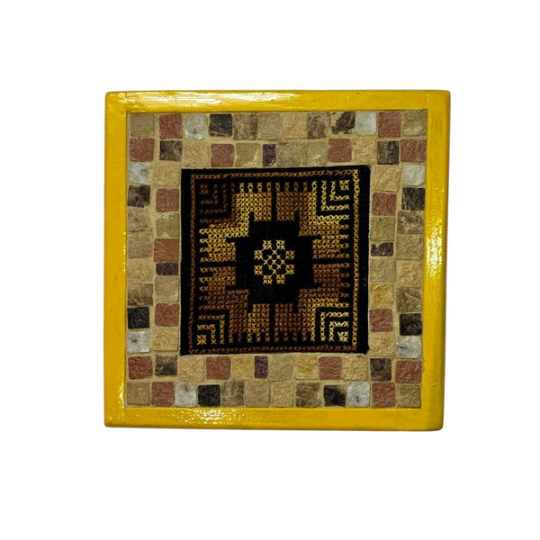 Pal-Mosaic handcrafted mosaic and embroidery piece with cultural Palestinian decor and yellow frame