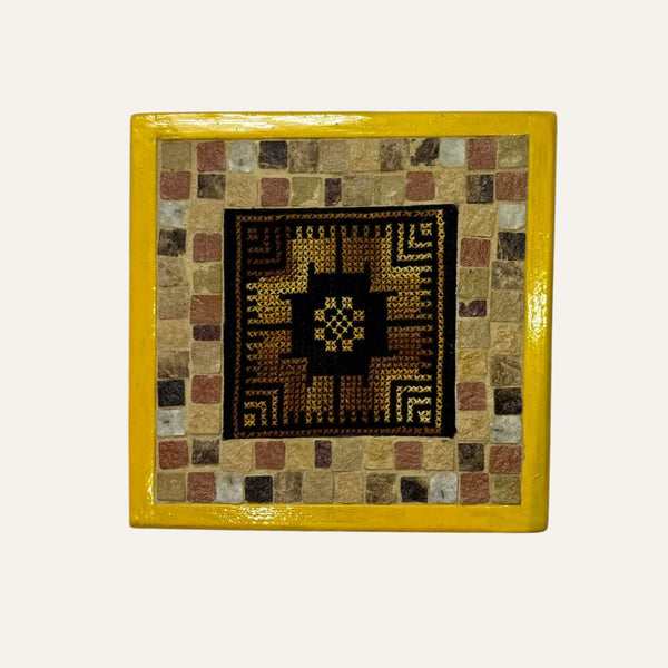 Pal-Mosaic handcrafted mosaic and embroidery piece with cultural Palestinian decor and yellow frame