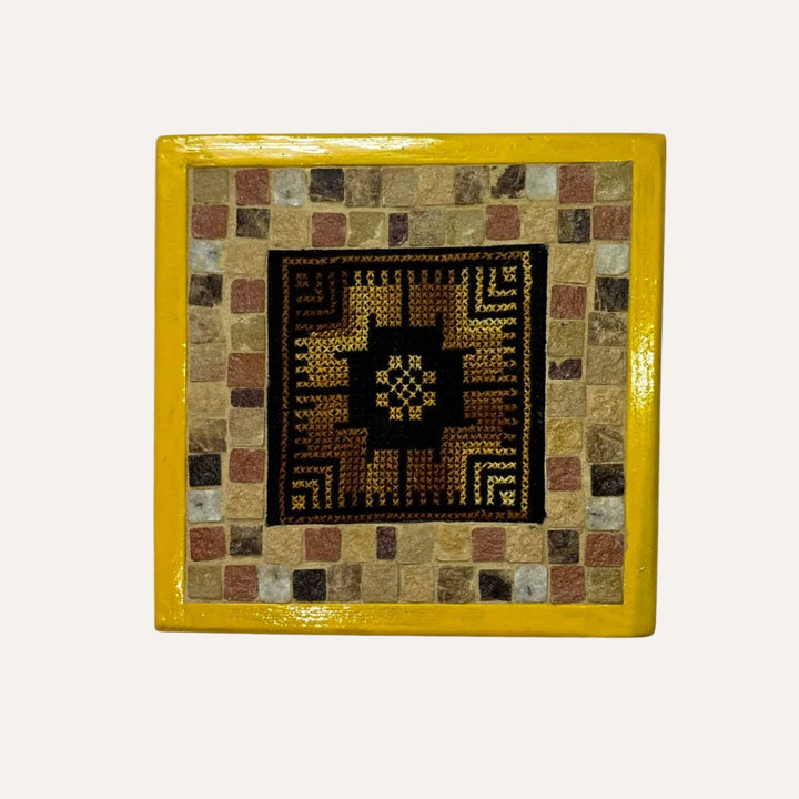 Pal-Mosaic handcrafted mosaic and embroidery piece with cultural Palestinian decor and yellow frame
