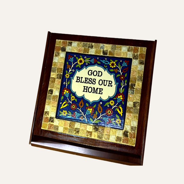 Pal-Mosaic decorative mosaic and earthenware plaque with floral design and God Bless Our Home text ceramic wooden gifts