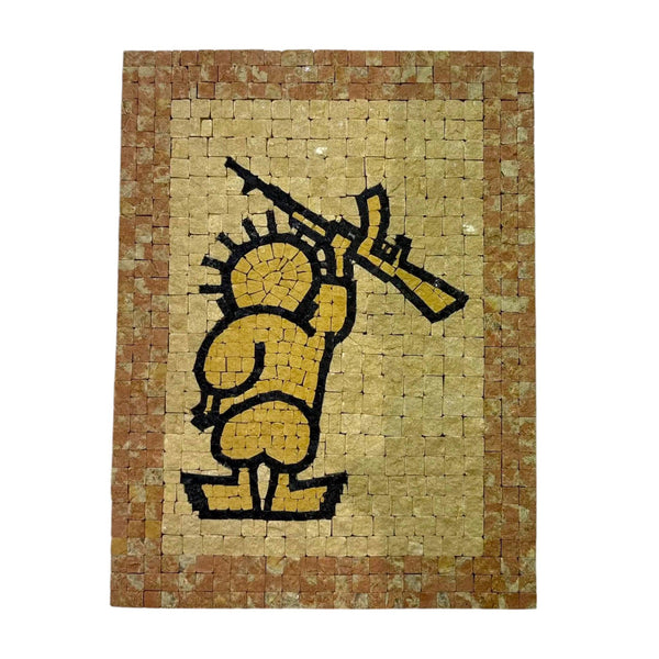 Handala mosaic art by Pal-Mosaic depicting a handala holding a rifle in a tile mosaic design