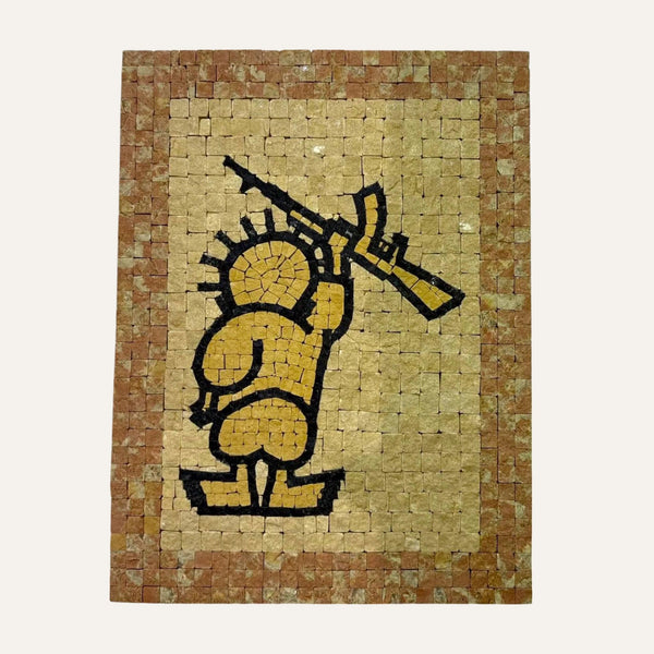 Handala mosaic art by Pal-Mosaic depicting a handala holding a rifle in a tile mosaic design