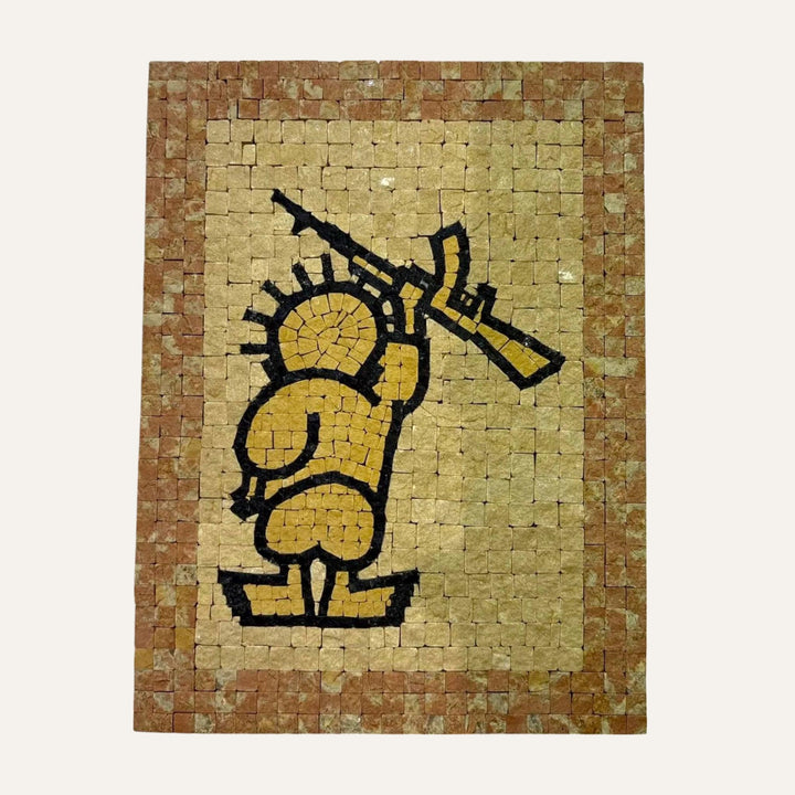 Handala mosaic art by Pal-Mosaic depicting a handala holding a rifle in a tile mosaic design