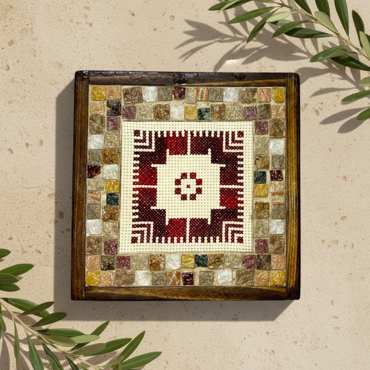 Pal-Mosaic handcrafted cultural gifts with embroidery featuring a geometric pattern in a wooden frame
