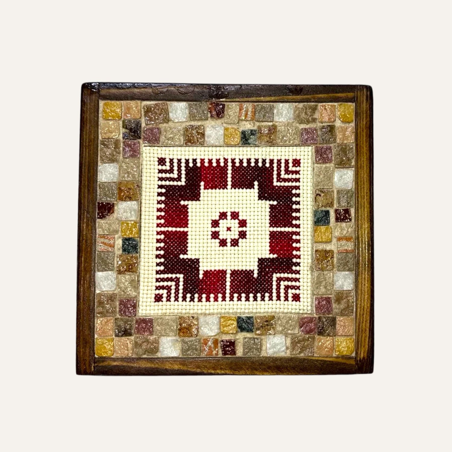 Pal-Mosaic handcrafted cultural gifts with embroidery featuring a geometric pattern in a wooden frame