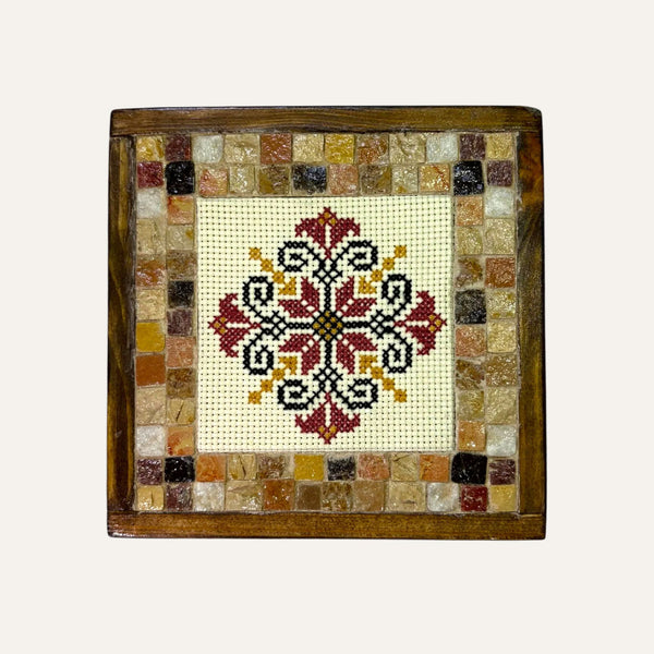 Pal-Mosaic handcrafted mosaic and Palestinian flower embroidery art with intricate wooden frame