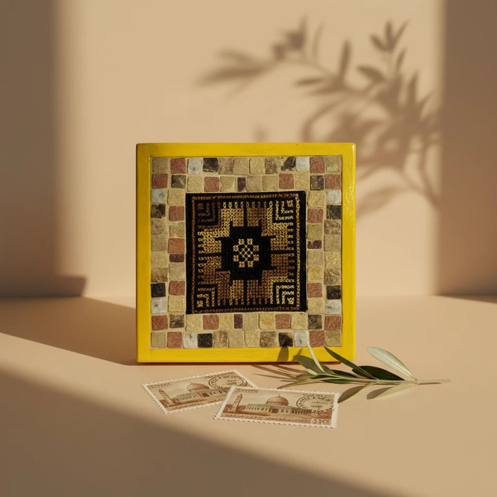 Pal-Mosaic handcrafted mosaic and embroidery with cultural Palestinian decor and yellow frame