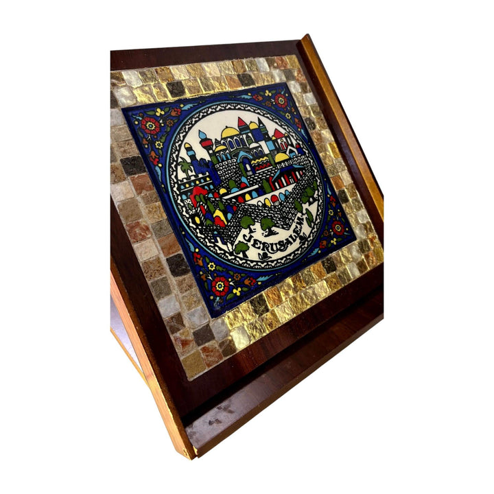 Handmade Jerusalem mosaic gift featuring colorful earthenware tile with cityscape design by Pal-Mosaic