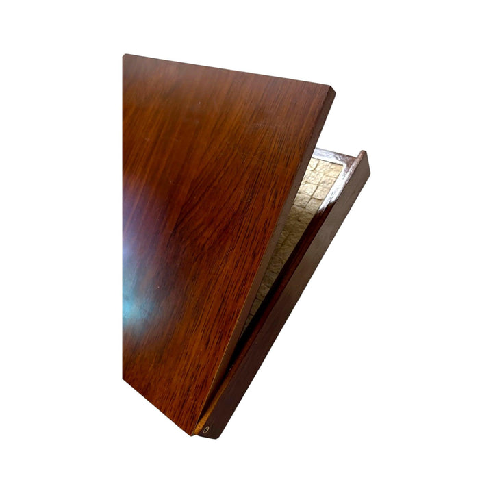 Wooden display box partially open showing handmade Palestine flag decor inside from Pal-Mosaic