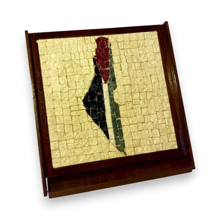 Pal-Mosaic handmade Palestine flag decor mosaic with wooden frame showcasing Palestine map in flag colors