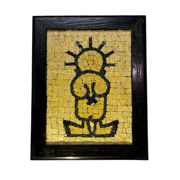 Handmade Palestinian Handala mosaic art with black and yellow tiles in a black wooden frame by Pal-Mosaic