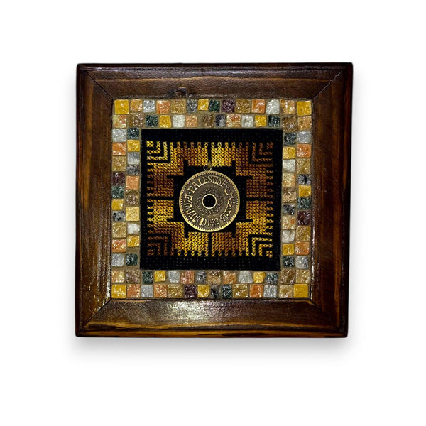 Pal-Mosaic handmade Palestinian mosaic decor with intricate embroidery and colorful stone tiles in wooden frame