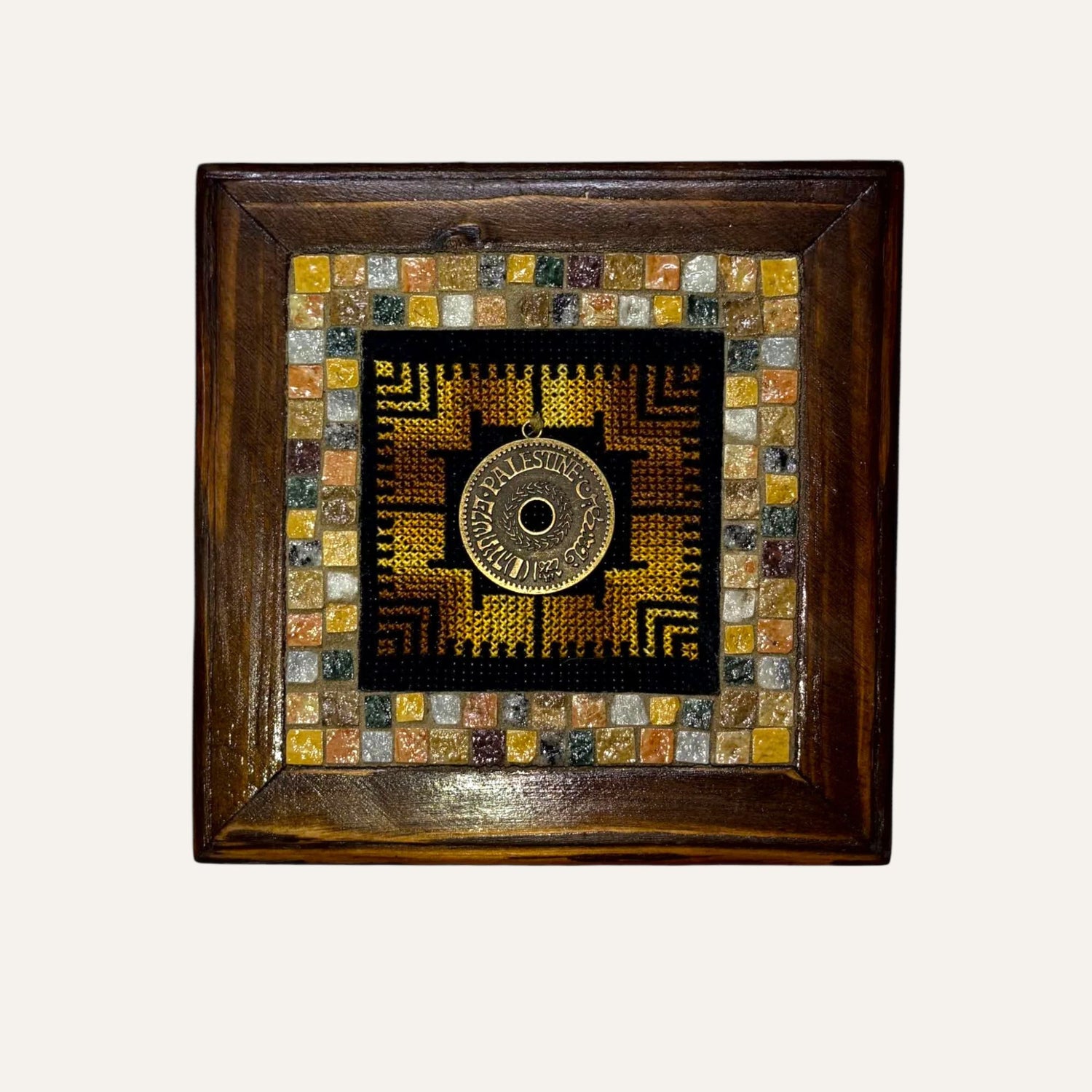 Pal-Mosaic handmade Palestinian mosaic decor with intricate embroidery and colorful stone tiles in wooden frame