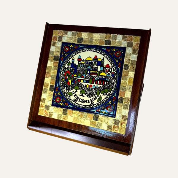 Pal-Mosaic handmade Jerusalem mosaic gift featuring colorful earthenware tile in wooden frame