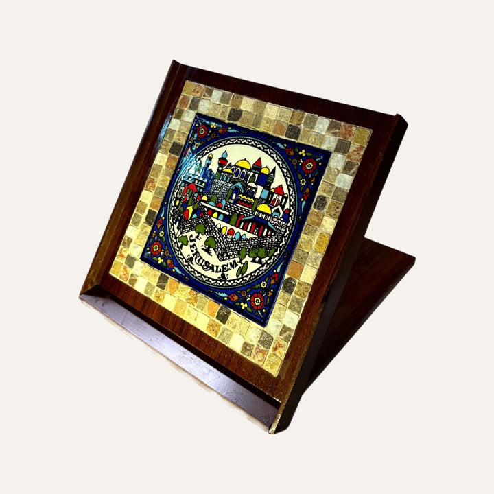 Pal-Mosaic handmade Jerusalem mosaic gift with colorful tile art on wooden earthenware stand