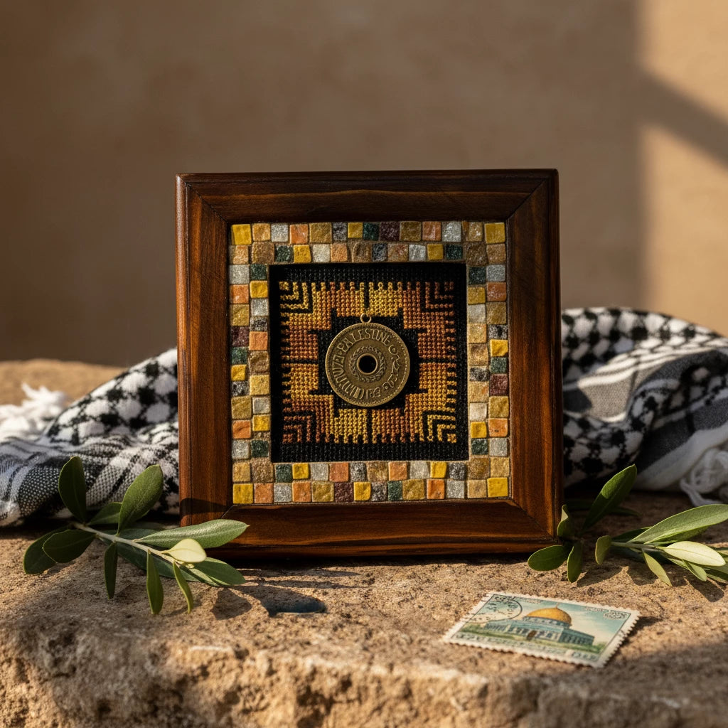  handmade Palestinian mosaic decor with intricate embroidery and colorful stone tiles in wooden frame