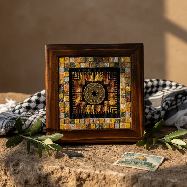  handmade Palestinian mosaic decor with intricate embroidery and colorful stone tiles in wooden frame