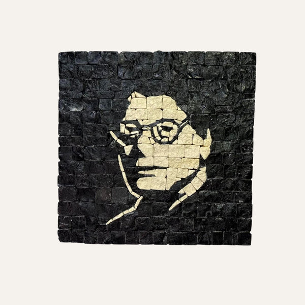 Pal-Mosaic black and white Mahmoud Darwish mosaic art depicting the poet's face in stone tiles
