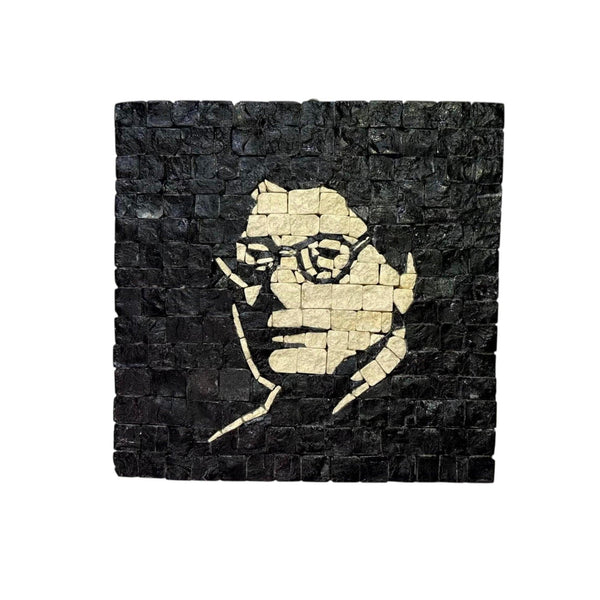 Pal-Mosaic black and white Mahmoud Darwish mosaic art depicting the poet's face in stone tiles