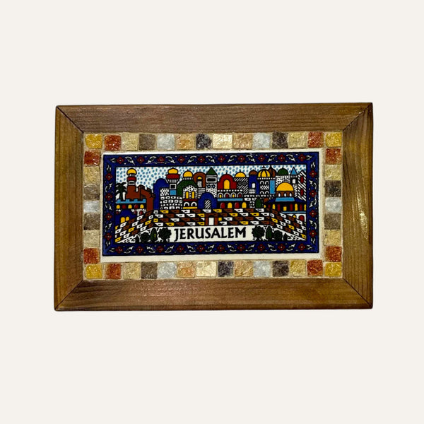 Pal-Mosaic mosaic and earthenware plaque featuring traditional Palestinian artwork depicting Jerusalem