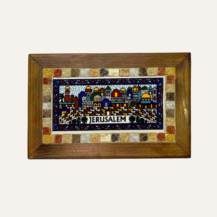 Pal-Mosaic mosaic and earthenware plaque featuring traditional Palestinian artwork depicting Jerusalem