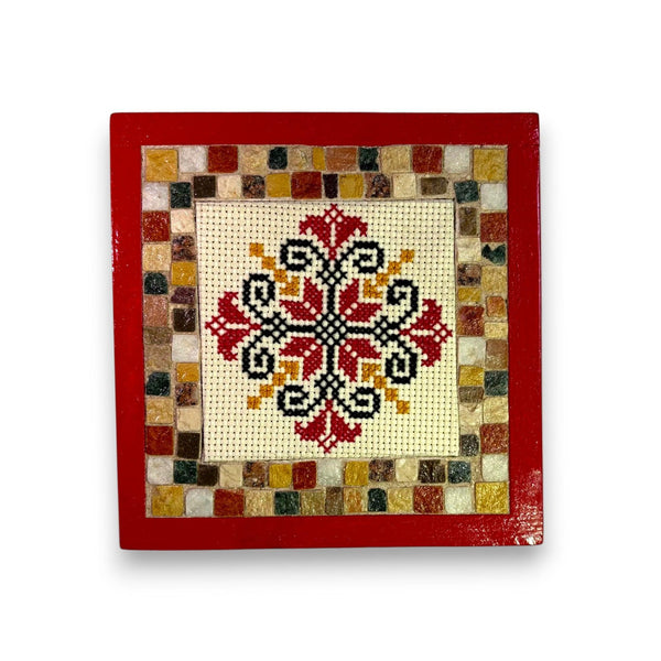 Pal-Mosaic square wall art with Palestinian flower embroidery art and colorful mosaic border