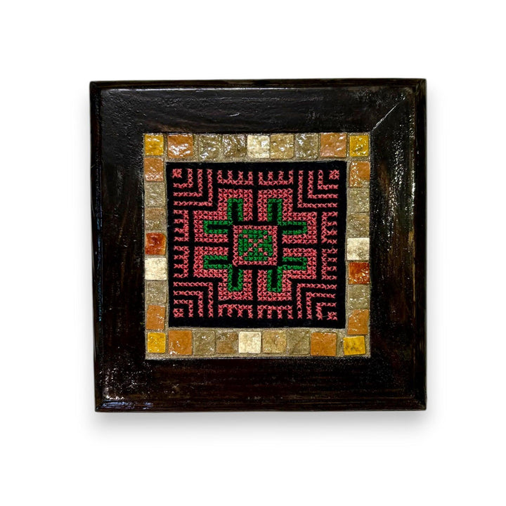 Pal-Mosaic square artwork featuring Palestinian mosaic art with intricate embroidery and colorful tile border