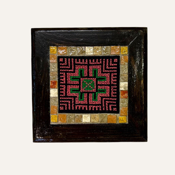 Pal-Mosaic square artwork featuring Palestinian mosaic art with intricate embroidery and colorful tile border