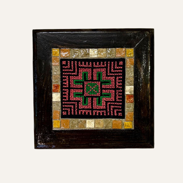 Pal-Mosaic square artwork featuring Palestinian mosaic art with intricate embroidery and colorful tile border