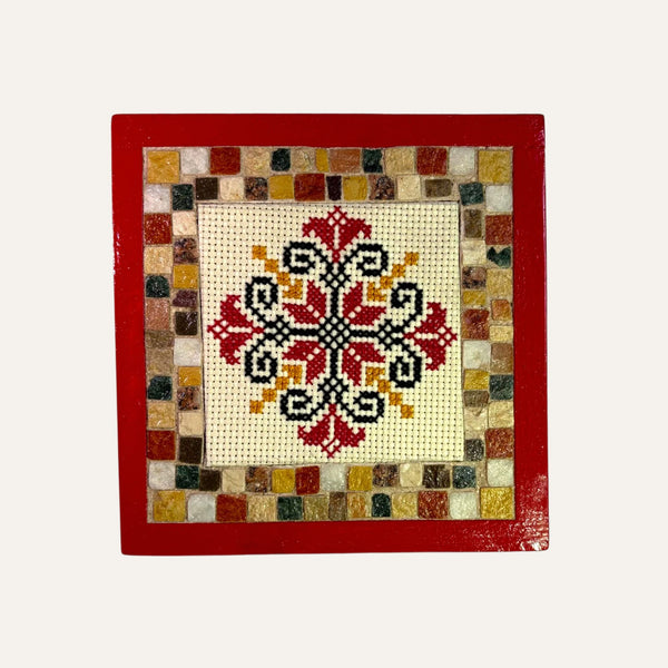Pal-Mosaic square wall art with Palestinian flower embroidery art and colorful mosaic border