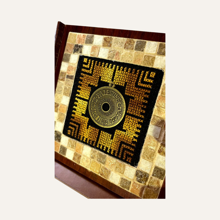 Pal-Mosaic handcrafted mosaic and embroidery piece featuring traditional Palestinian art gift design with intricate patterns