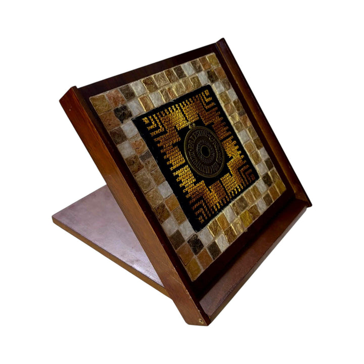 Pal-Mosaic traditional Palestinian art gift featuring handcrafted mosaic and embroidery on wood stand