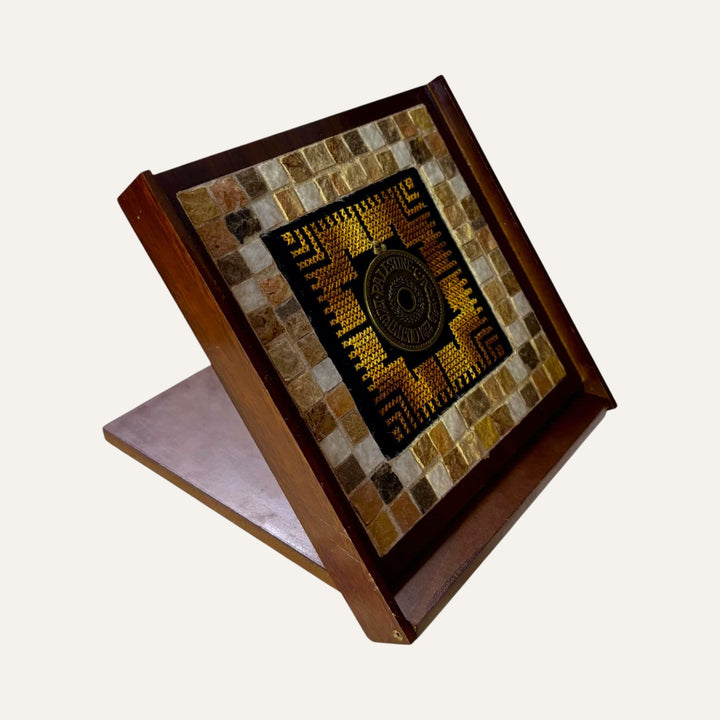 Pal-Mosaic traditional Palestinian art gift featuring handcrafted mosaic and embroidery on wood stand