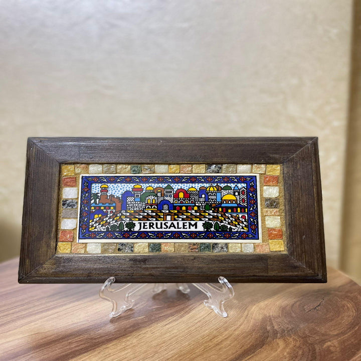 Pal-Mosaic mosaic and earthenware artwork depicting Jerusalem with traditional Palestinian artwork style in a wooden frame