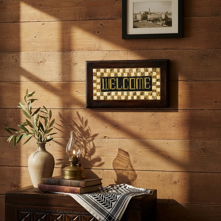 Pal-Mosaic welcome home mosaic wall decor with black and gold embroidery and checkered design