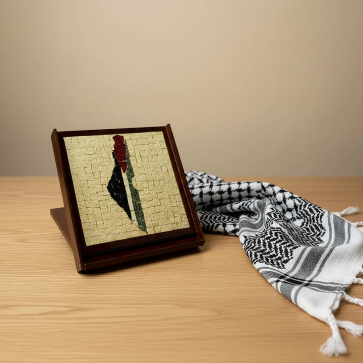 Pal-Mosai handmade Palestine flag decor on a wooden stand with mosaic 